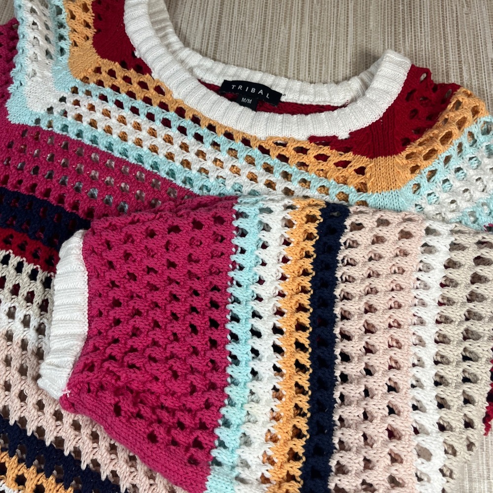 TRIBAL Striped Crochet Sweater Knit Top Women‎ M Multicolor Stiped Pullover Boho